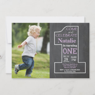 1st Birthday Girl Purple Chalkboard Photo Invitation