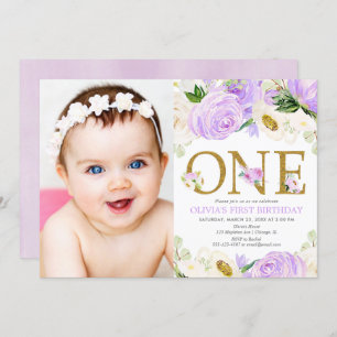 1st birthday girl, purple gold floral photo invitation
