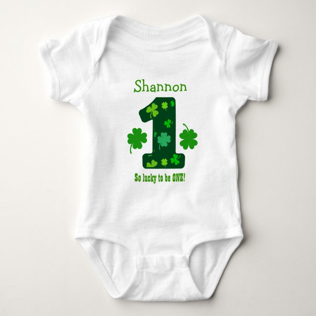 1st Birthday Girl Shamrock Number Custom Name V12A Baby Bodysuit (Front)