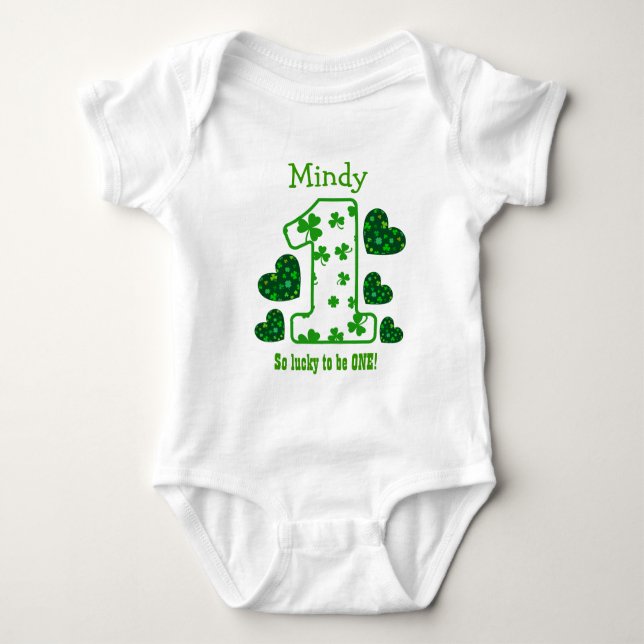 1st Birthday Girl Shamrock Number Custom Name V16 Baby Bodysuit (Front)
