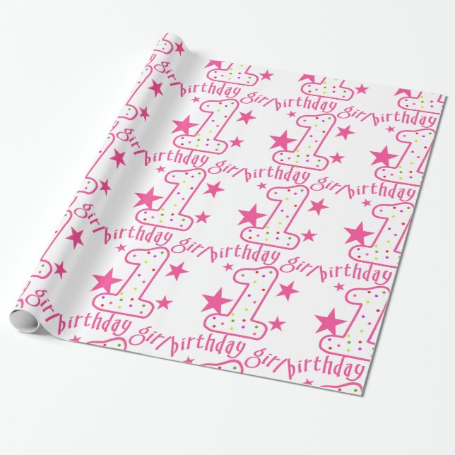1st Birthday Girl Stars Wrapping Paper (Unrolled)