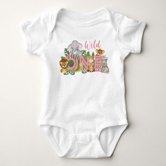 1st Birthday girl Wild One Jungle Safari Animals  Baby Bodysuit (Front)