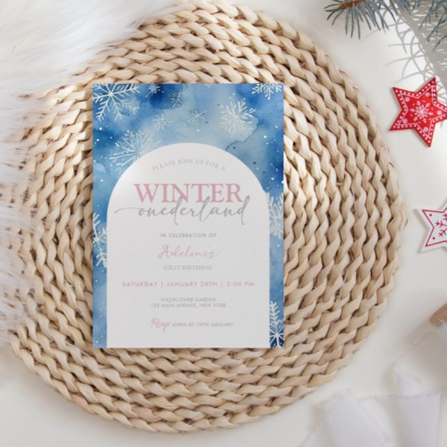 1st Birthday Girl Winter Onederland Party Snow Invitation (Winter 1st Birthday Girl Template Editable Cute Watercolor Snowflake Winter ONEderland inivte girl)