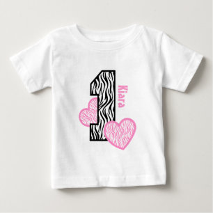 1st Birthday GIRL Zebra Pink Hearts 1 Year Old Baby T-Shirt