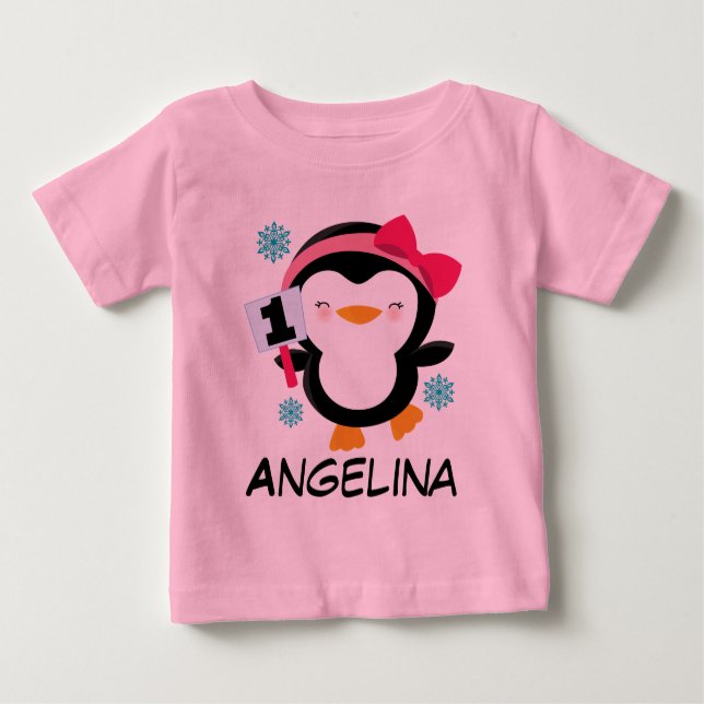 1st Birthday Girls Penguin T-shirt (Front)