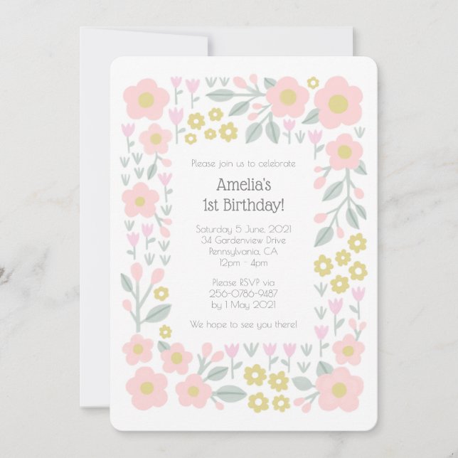 1st Birthday Girly Flowers Pink and Gold Pattern Invitation (Front)