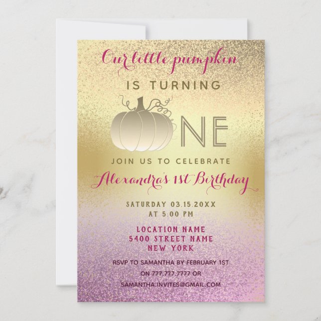 1st Birthday Glitter Pink Gold Our Little Pumpkin Invitation (Front)
