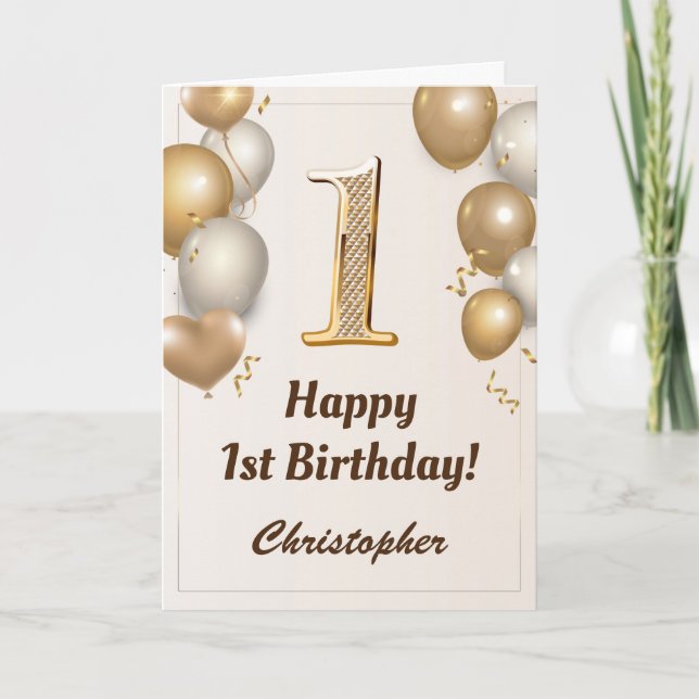1st Birthday Gold Balloons and Confetti Birthday Card (Front)