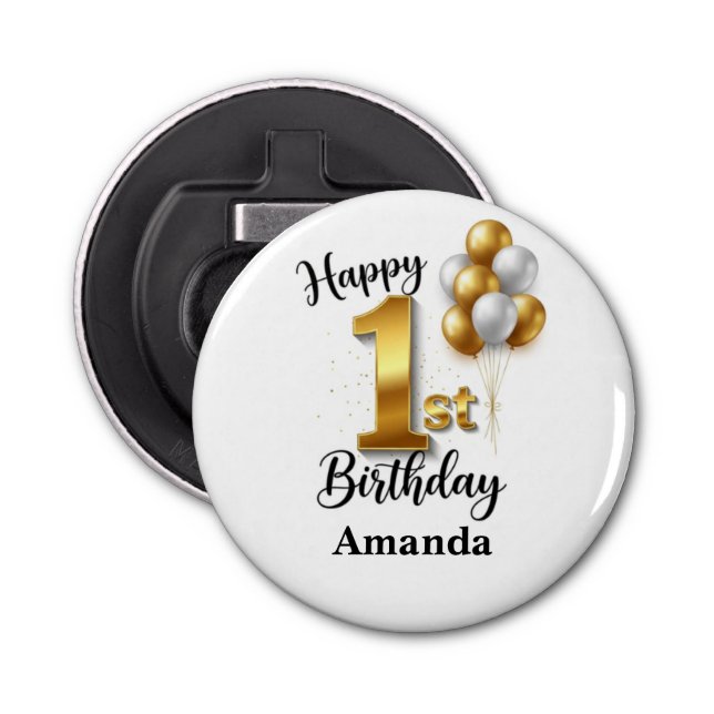 1st Birthday Gold Balloons Bottle Opener (Front)