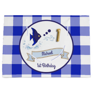 1st Birthday Gold Foil Balloon Blue Gingham Fish Large Gift Bag