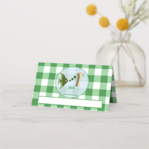 1st Birthday Gold Foil Balloon Green Gingham Fish Place Card