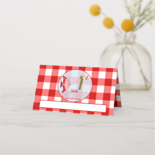 1st Birthday Gold Foil Balloon Red Gingham Fish Place Card