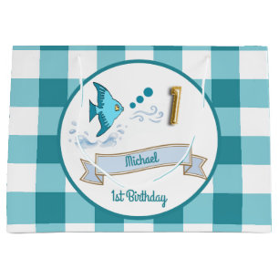 1st Birthday Gold Foil Balloon Teal Gingham Fish Large Gift Bag