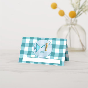 1st Birthday Gold Foil Balloon Teal Gingham Fish Place Card