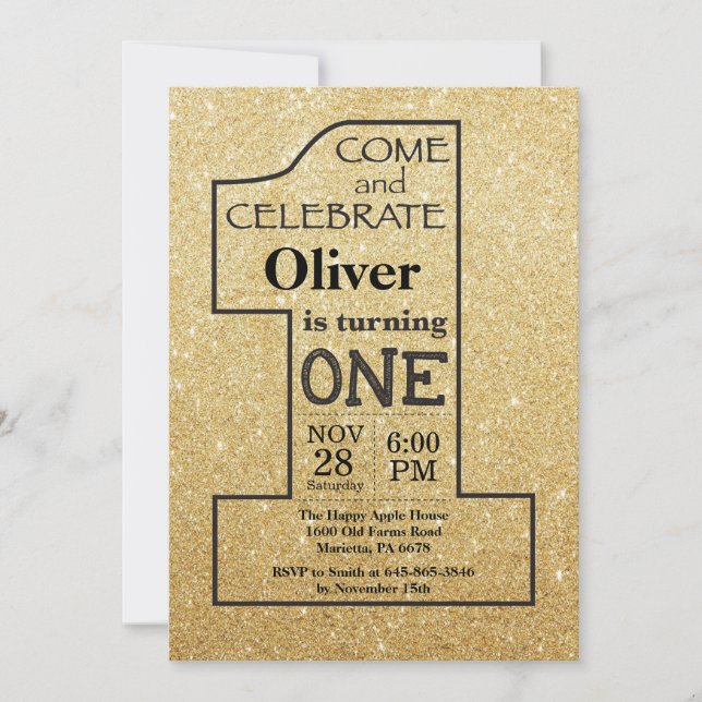 1st Birthday Gold Glitter and Black Invitation (Front)