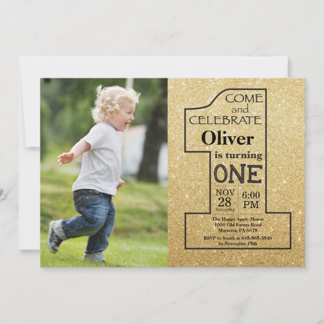 1st Birthday Gold Glitter and Black Photo Invitation (Front)