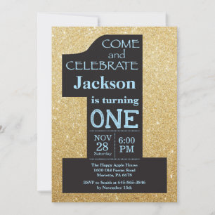 1st Birthday Gold Glitter and Blue Invitation