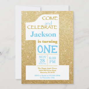1st Birthday Gold Glitter and Blue Invitation