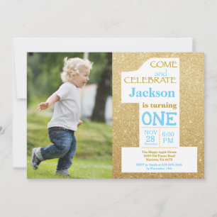 1st Birthday Gold Glitter and Blue Photo Invitation