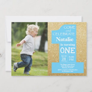 1st Birthday Gold Glitter and Blue Photo Invitation