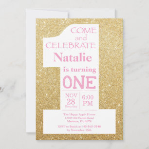 1st Birthday Gold Glitter and Pink Invitation