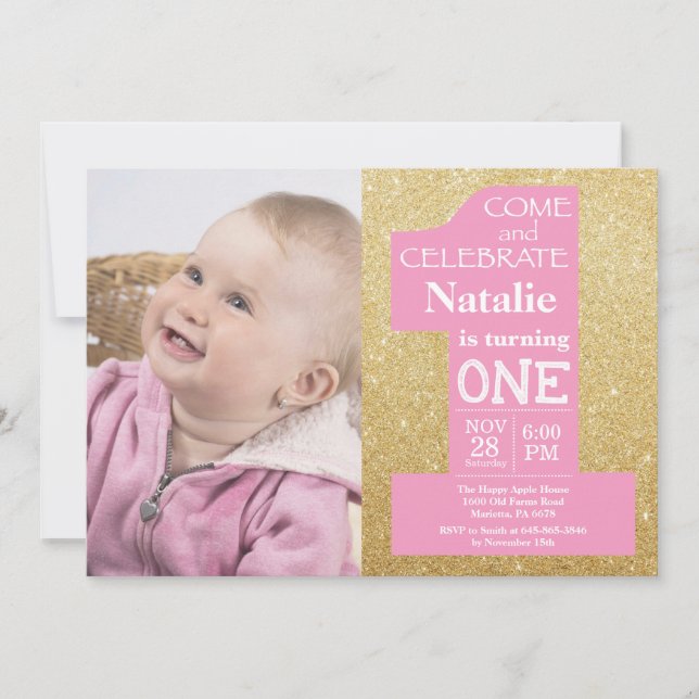 1st Birthday Gold Glitter and Pink Photo Invitation (Front)