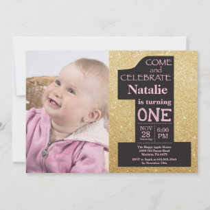 1st Birthday Gold Glitter and Pink Photo Invitation