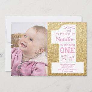 1st Birthday Gold Glitter and Pink Photo Invitation