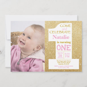 1st Birthday Gold Glitter and Pink Photo Invitation