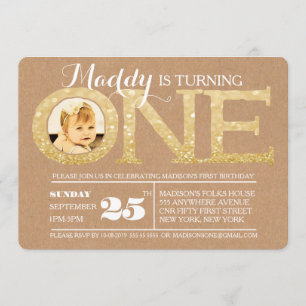 1st Birthday Gold Glitter One Photo Invitation
