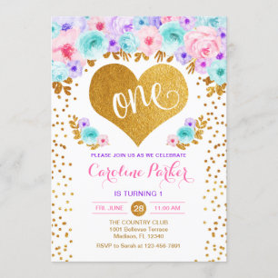 1st Birthday - Gold Heart Teal Purple Pink Invitation