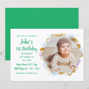 1st Birthday - Golden Polygonal Photo Frame Invitation