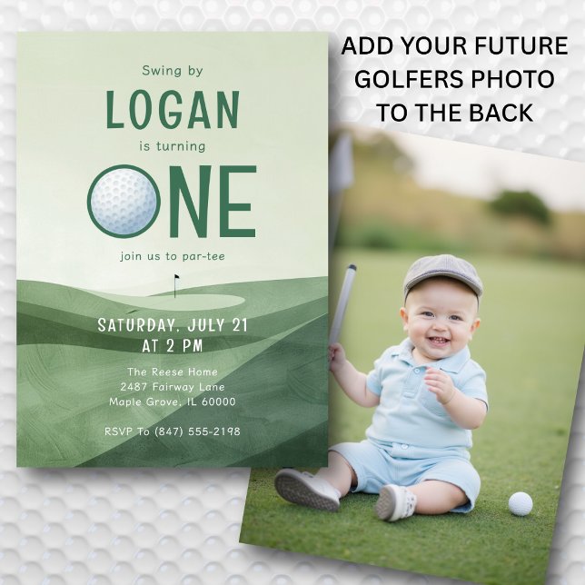 1st Birthday Golf Par-tee Photo Watercolor  Invitation (Neutral green palette works beautifully for both boys and girls.)
