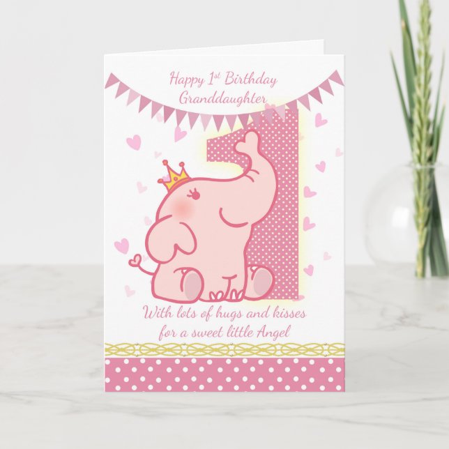 1st Birthday Granddaughter, Pink Elephant Card (Front)
