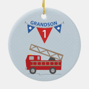 1st Birthday Grandson, Firetruck Ceramic Ornament