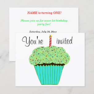 1st Birthday Green Cupcake Invitation CUSTOMIZE