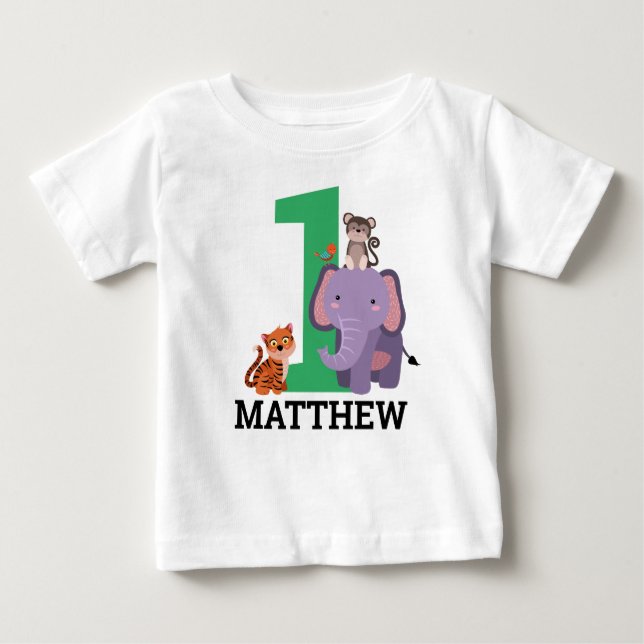 1st Birthday Green Jungle Animals Boy Baby T-Shirt (Front)