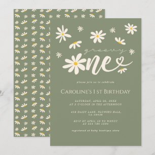 1st Birthday Groovy One Daisy Green Boho Invitation