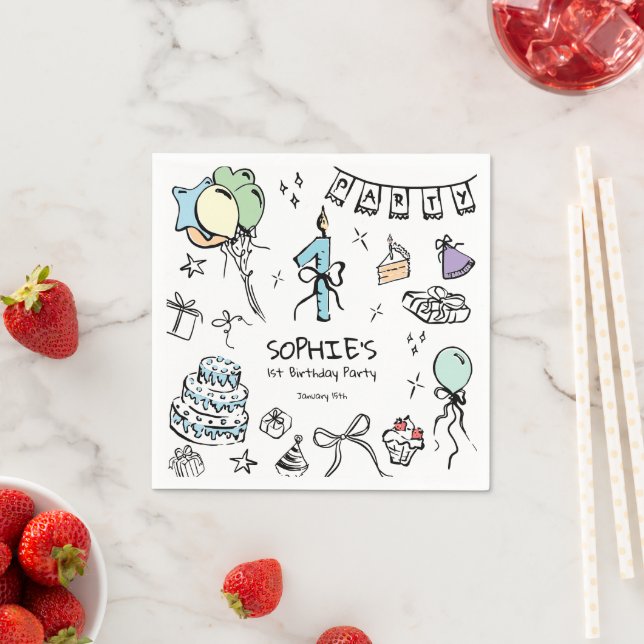 1st Birthday Hand Drawn Napkin (Insitu)