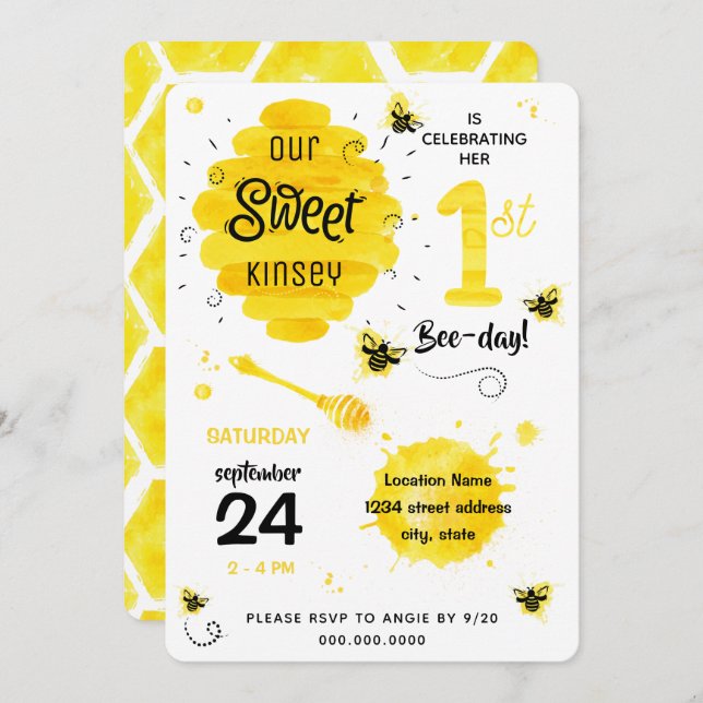1st birthday honey bee bee-day party invitation (Front/Back)