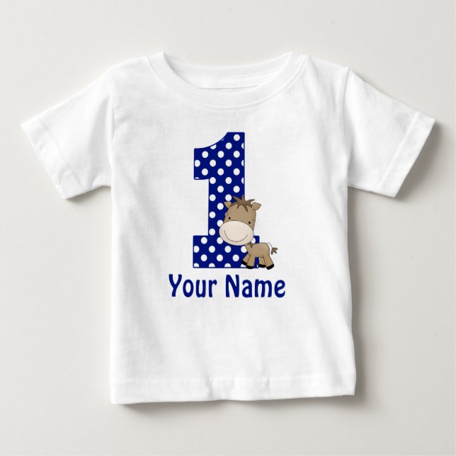 1st Birthday Horse Blue Personalised Baby T-Shirt (Front)
