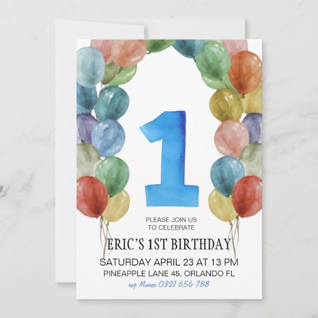 1st Birthday Invitation, 1st Birthday Boy, ballons Invitation (Front)