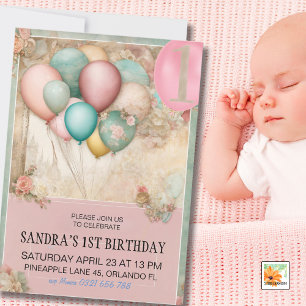 1st Birthday Invitation, 1st Birthday GIRl, ballon Invitation