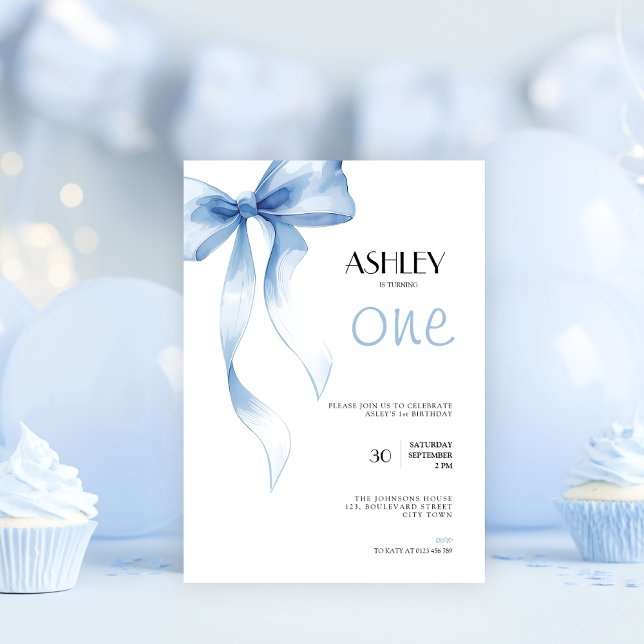 1st Birthday Invitation Blue Bow for Girls (Blue bow coquette 1st birthday invitation for girls)