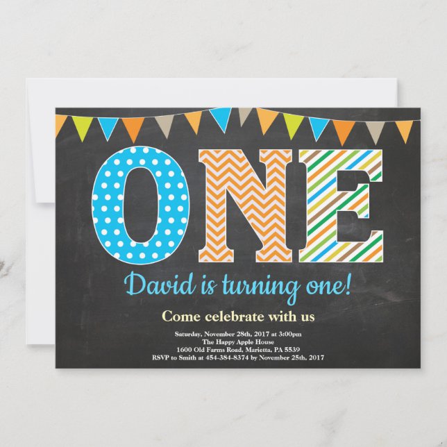 1st Birthday Invitation Boy Chalkboard (Front)