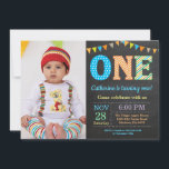 1st Birthday Invitation. Boy First Birthday Photo Invitation<br><div class="desc">1st Birthday Invitation with custom photo. Boy First Birthday Invitation.Turning one birthday party. Pink,  Purple,  Orange,  Yellow,  Green,  Blue,  Teal,  Aqua. Stripes. Chalkboard Background. For further customisation,  please click the "Customise it" button and use our design tool to modify this template.</div>