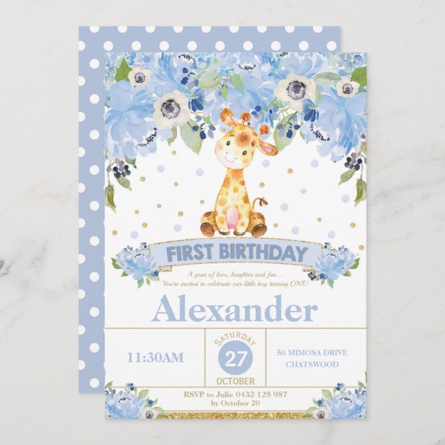 1st Birthday Invitation Boy Giraffe Blue Floral (Front/Back)