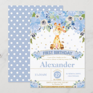 1st Birthday Invitation Boy Giraffe Blue Floral
