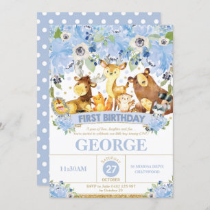 1st Birthday Invitation Boy Woodland Animals Blue