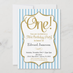 1st Birthday Invitation Boys First Blue Gold